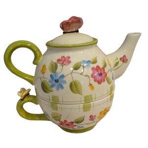NIB HOME INTERIORS Tea for One Ceramic Floral Teapot & Cup Set w/ Butterfly Lid